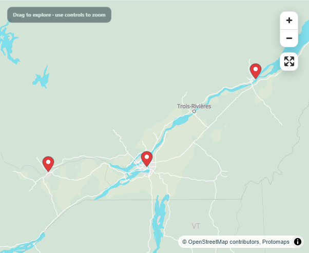 Static map of Ottawa, Montréal and Québec city centres